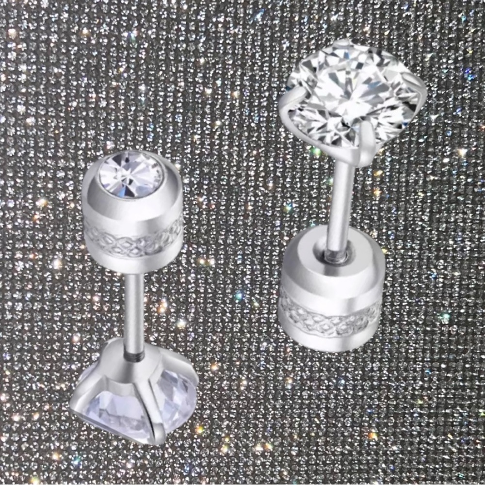 Diamond stud screw on earrings 6mm Hypoallergenic Cubic Zirconia Stainless steel - Picture 6 of 8